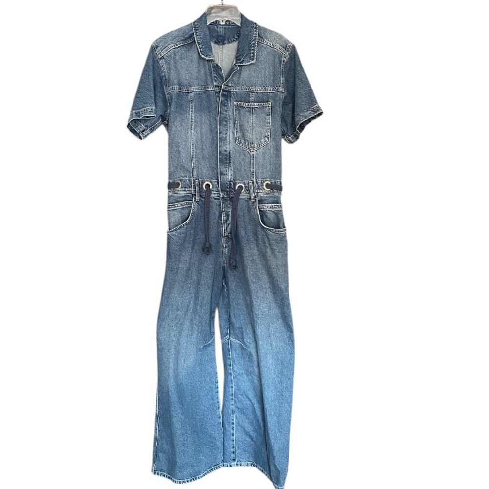 Free People Blue Denim Wide-Leg Jumpsuit